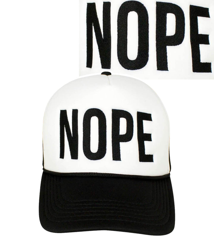 Foam Trucker Baseball Cap with "NOPE" embroidered on the front, perfect hat for stylish casual wear.