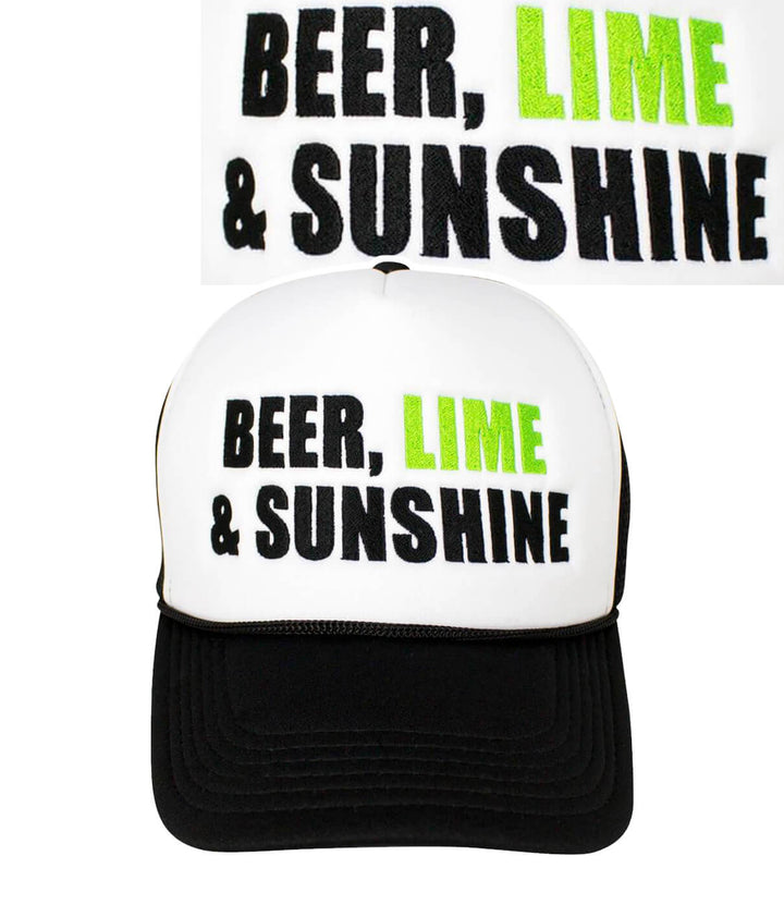 Beer, Lime &amp; Sunshine Foam Trucker Hat featuring bold embroidery and a stylish design.