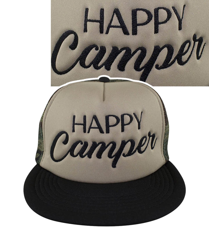 Happy Camper District Foam Trucker Hat design with embroidered text on front and sides.
