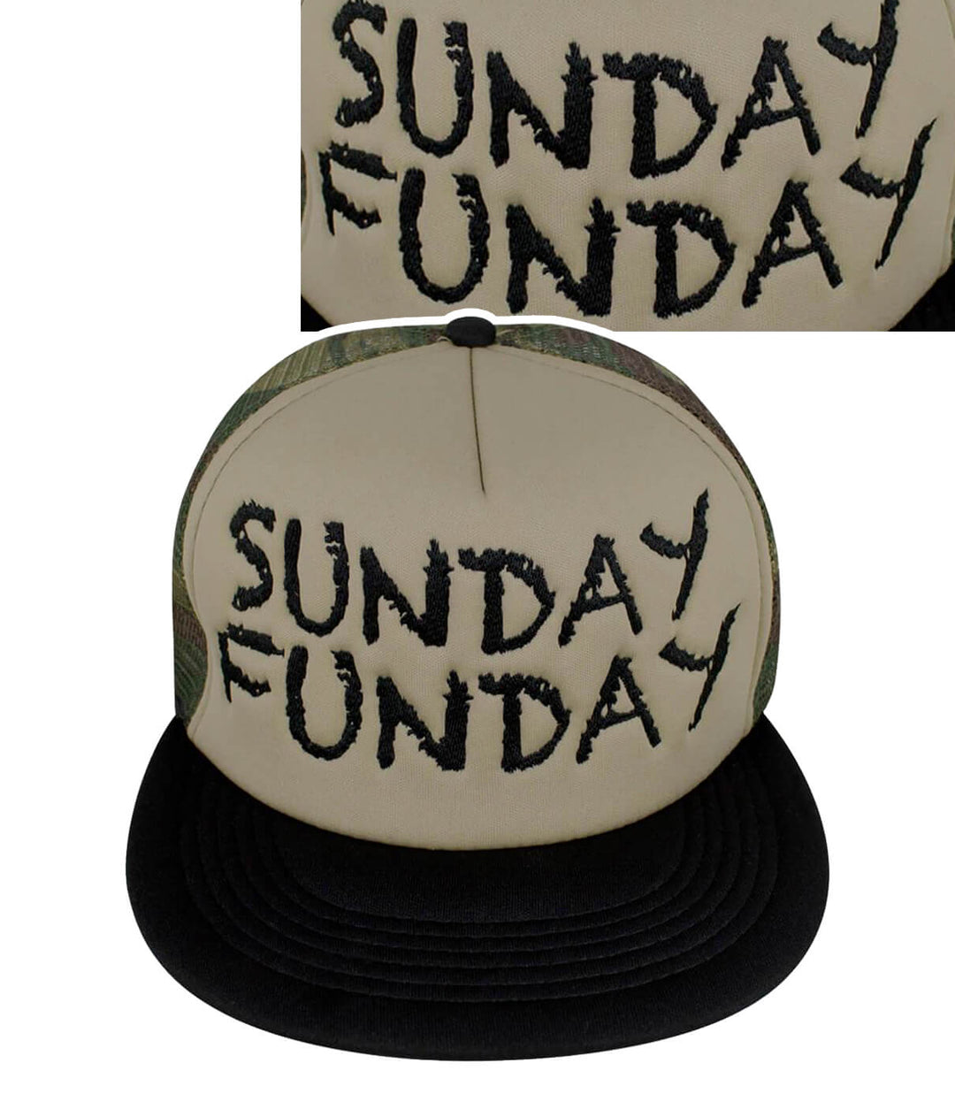 Sunday Funday Camo Foam Trucker Hat featuring embroidered text and black visor, perfect for casual wear.