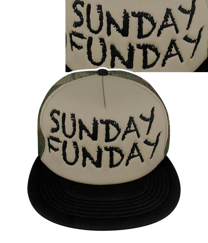 Sunday Funday Camo Foam Trucker Hat featuring embroidered text and black visor, perfect for casual wear.