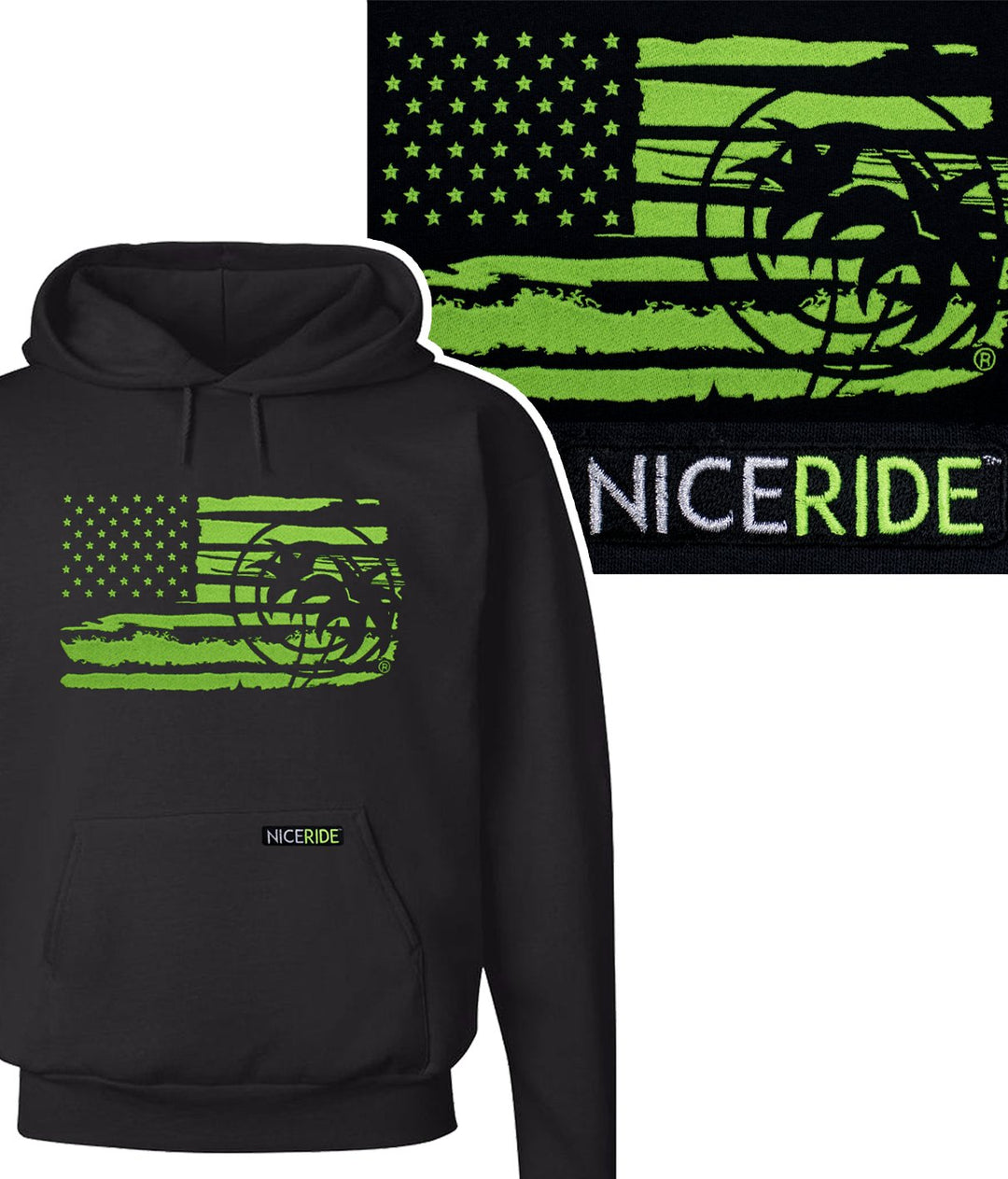 Black pullover hoodie featuring the American flag design and NICERIDE logo, stylish and comfortable unisex hoodie.