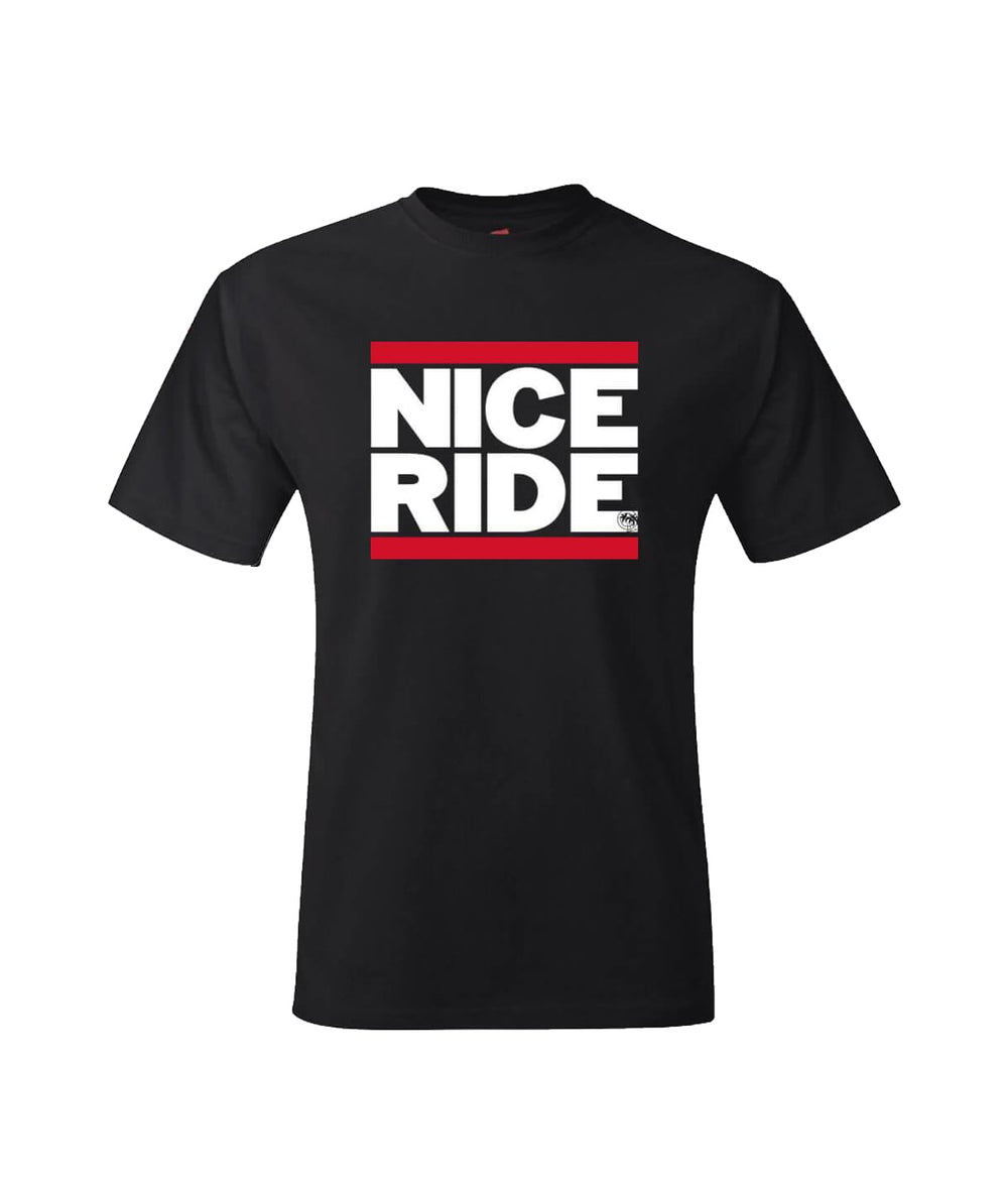 RUN NICE - Hanes Men's Tagless Short Sleeve T-Shirt in black with 'NICE RIDE' design printed on the front.
