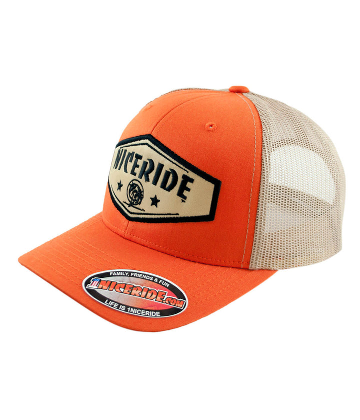 Chevron - Khaki Retro Trucker Hat in orange and tan with NICERIDE logo, featuring a classic hat design.