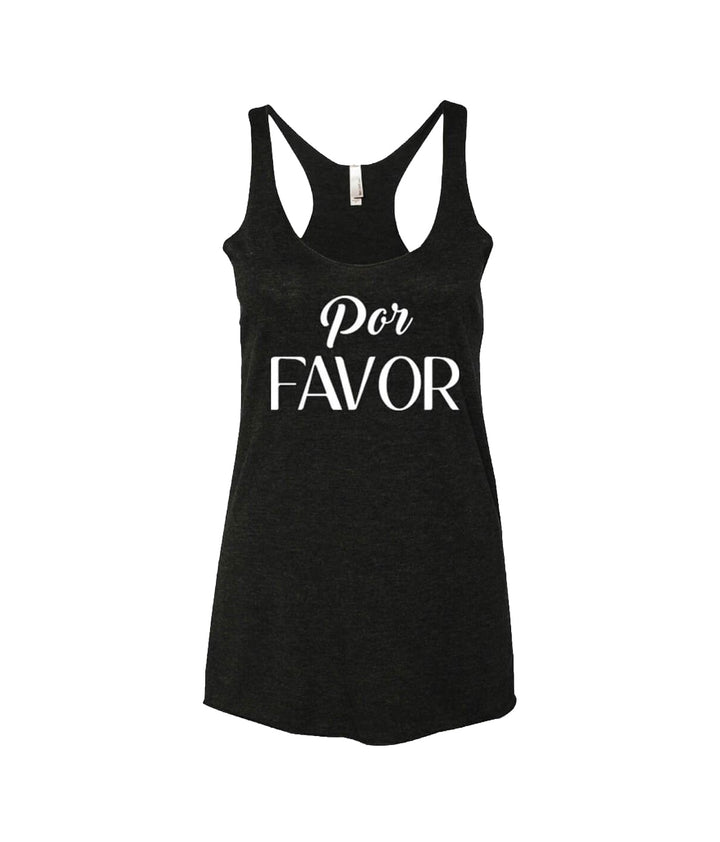 Por Favor tank top in black, vintage racerback design with soft fabric and loose fit, perfect for casual wear.