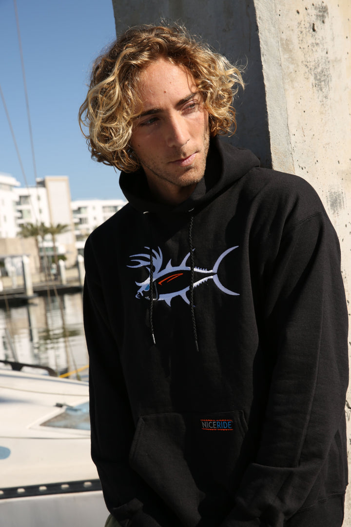 Black pullover hoodie for men and women featuring NICERIDE&