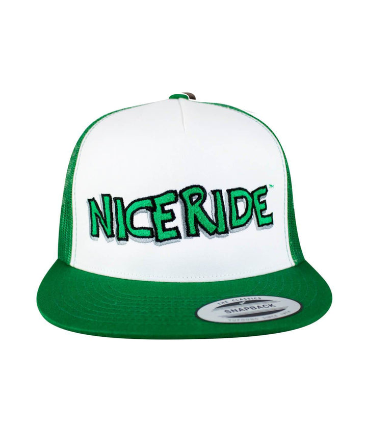NICERIDE embroidered trucker hat with green brim and white front, a stylish hat perfect for casual wear.