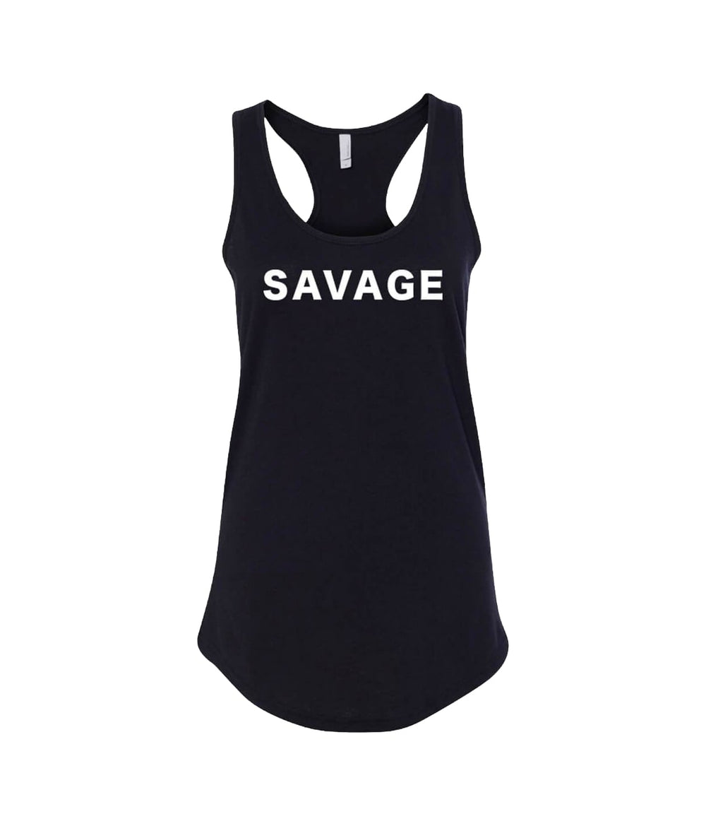 SAVAGE - Next Level Women's Racerback Tank Top in black, featuring a bold white SAVAGE print on the front.