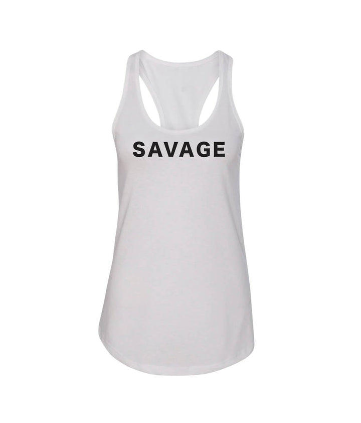 SAVAGE tank top featuring a racerback design in white with bold black lettering.