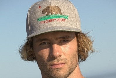 man wearing a Heather Grey hat with NICERIDE logo and bear design, showcasing the stylish hang 20 hat.