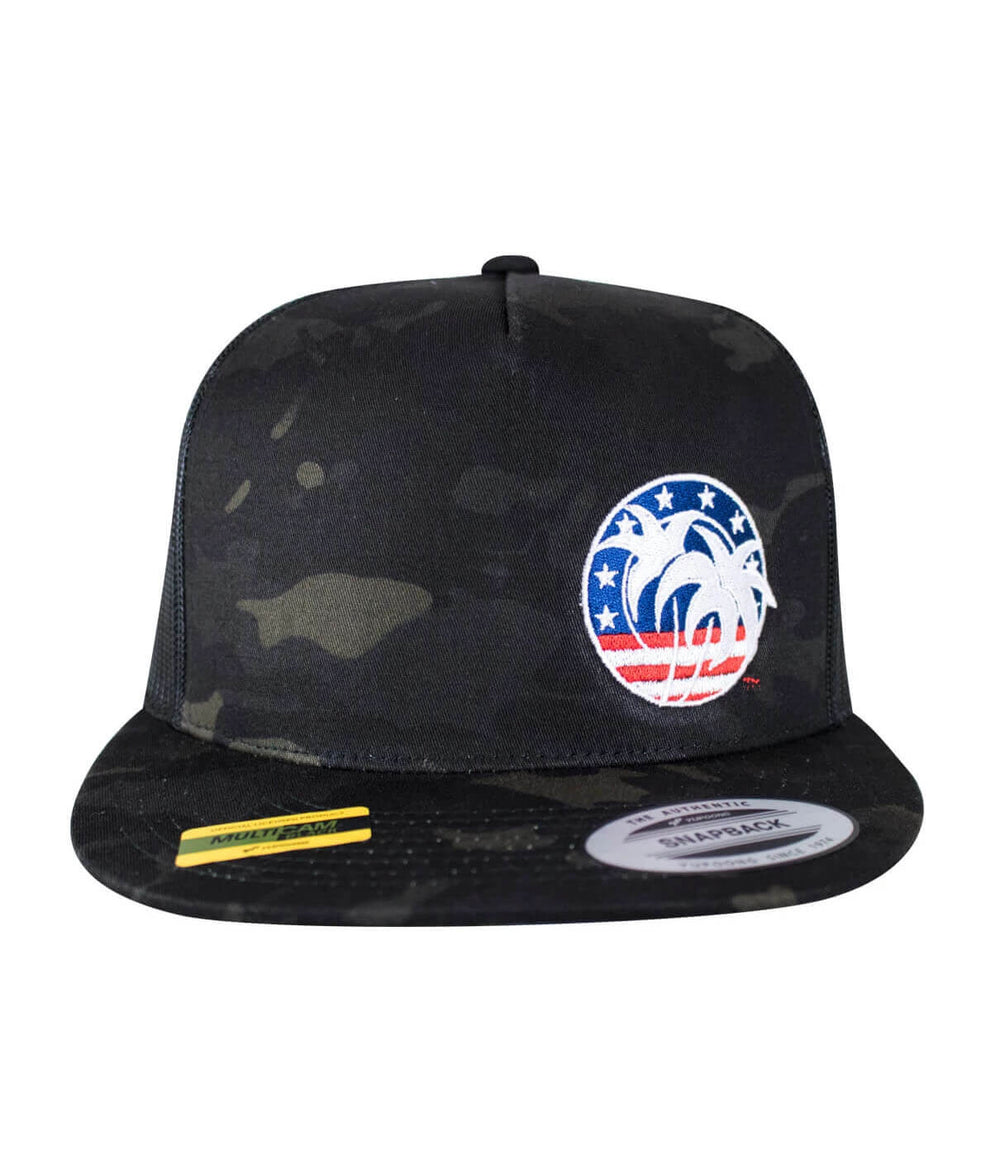 Spirit of 76-LP Trucker Hat featuring embroidered design, classic snapback style, and multicamo pattern.